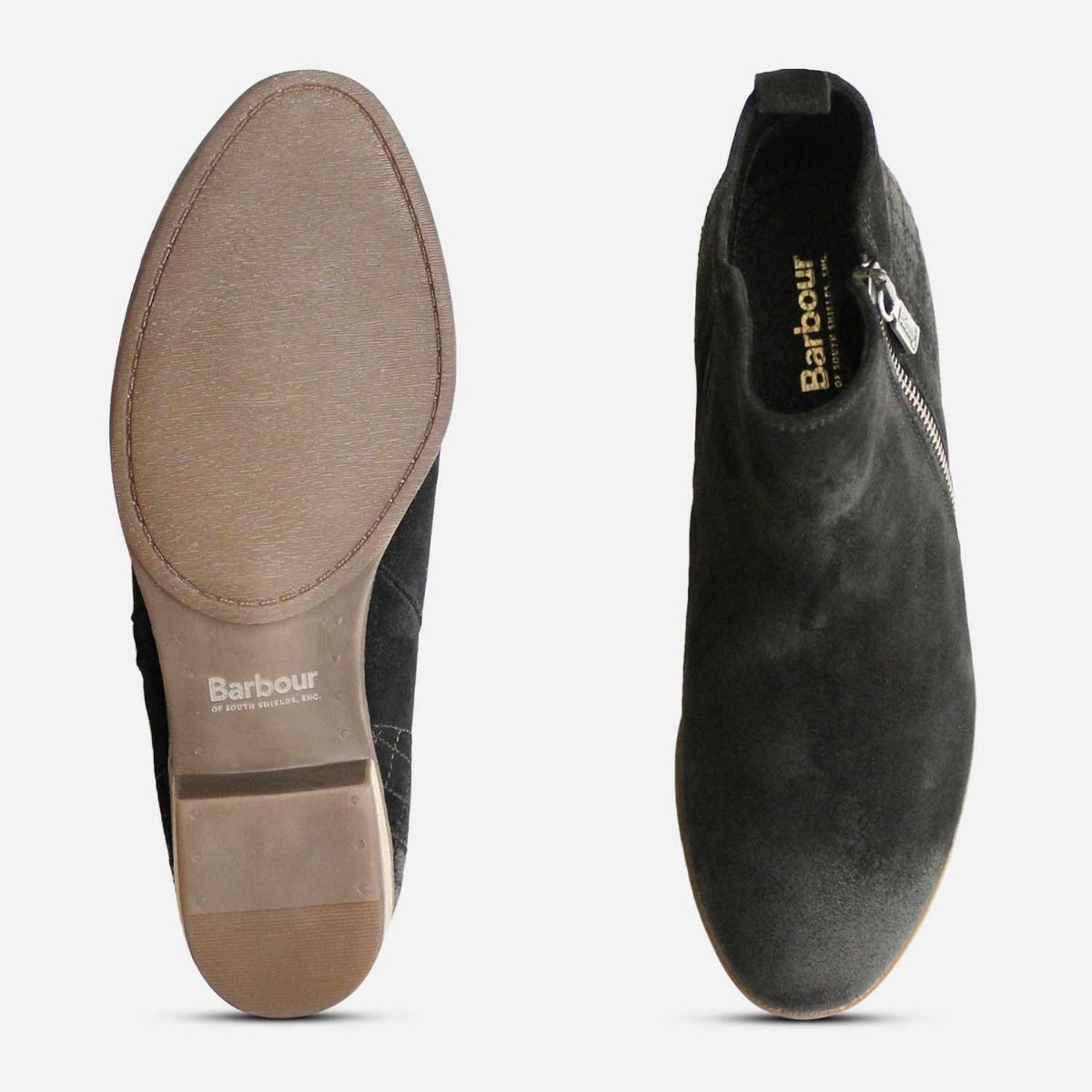 Barbour Black Waxy Suede Ankle Zip Boots with Cuban Heel