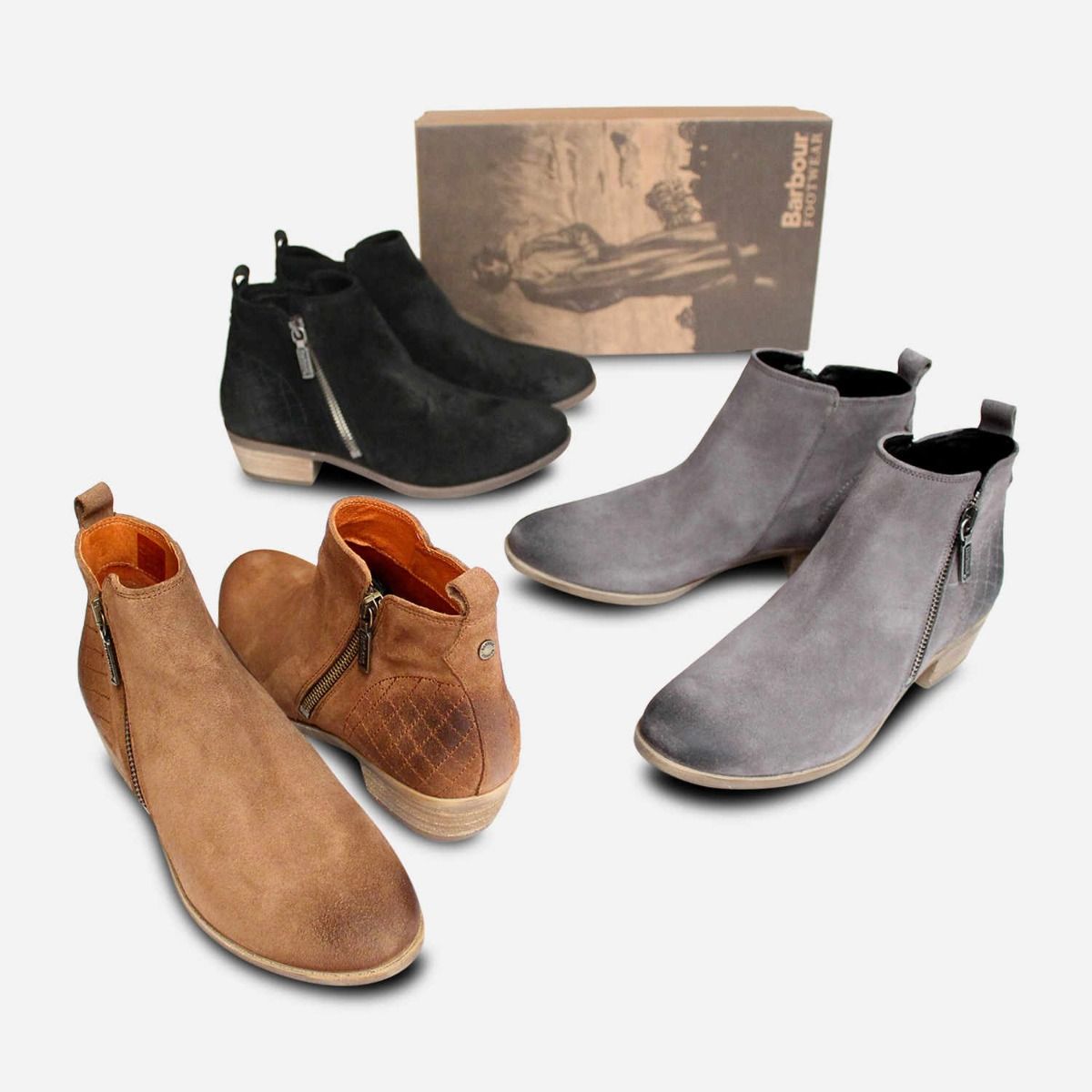 Barbour Black Waxy Suede Ankle Zip Boots with Cuban Heel