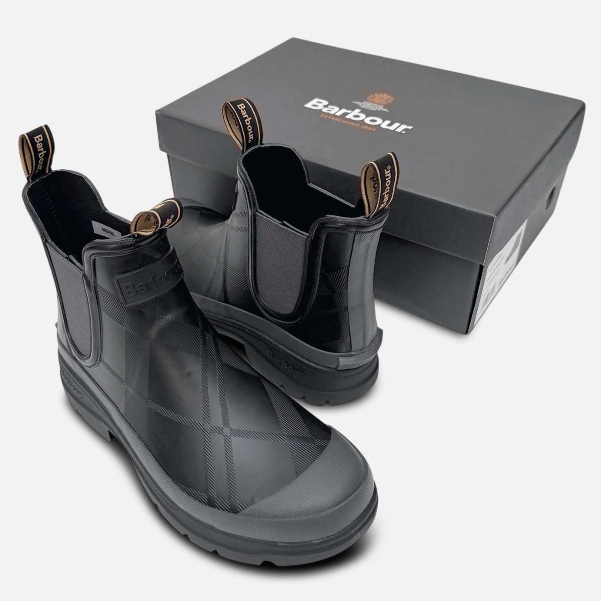 Barbour Designer Waterproof Walking Wellies in Black Tartan