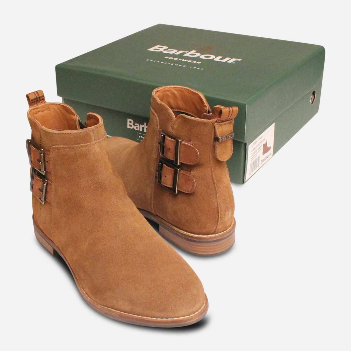 Barbour Double Buckle Cornbury II Zip Boots in Brown Suede