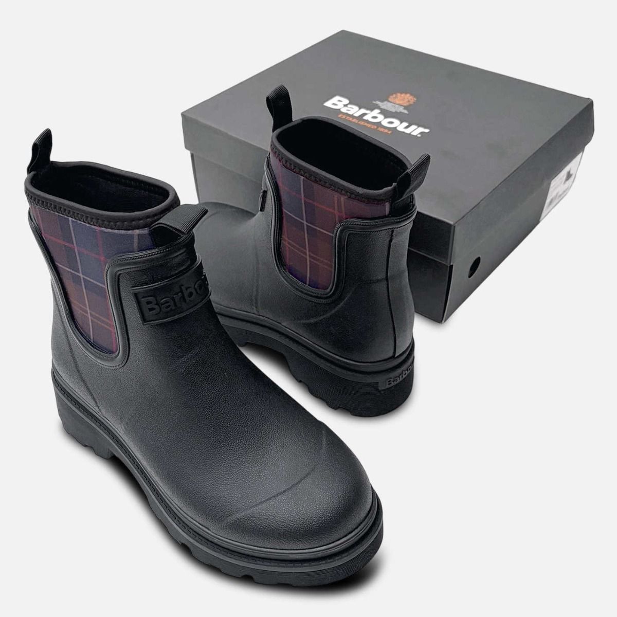 Barbour Black Tartan Neoprene Designer Chelsea Boot Wellies