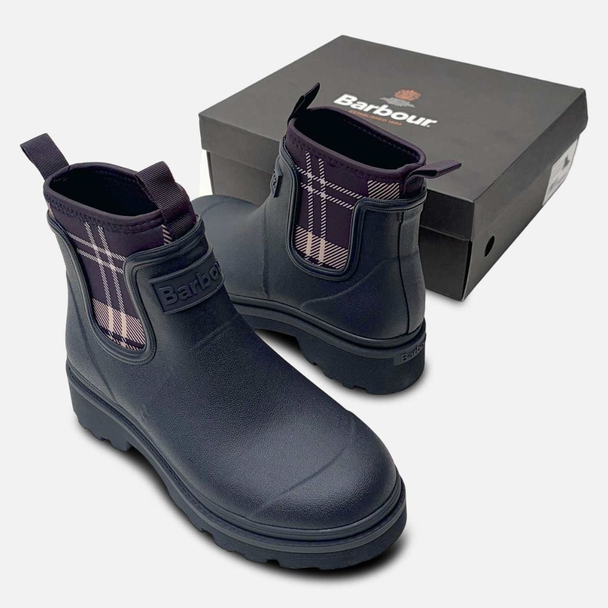 Barbour Dark Navy Tartan Neoprene Designer Chelsea Welly