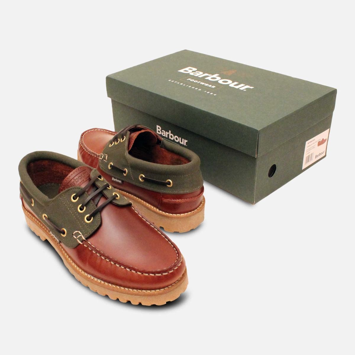 Barbour Waxy Brown and Olive Deck Shoes with Rubber Sole