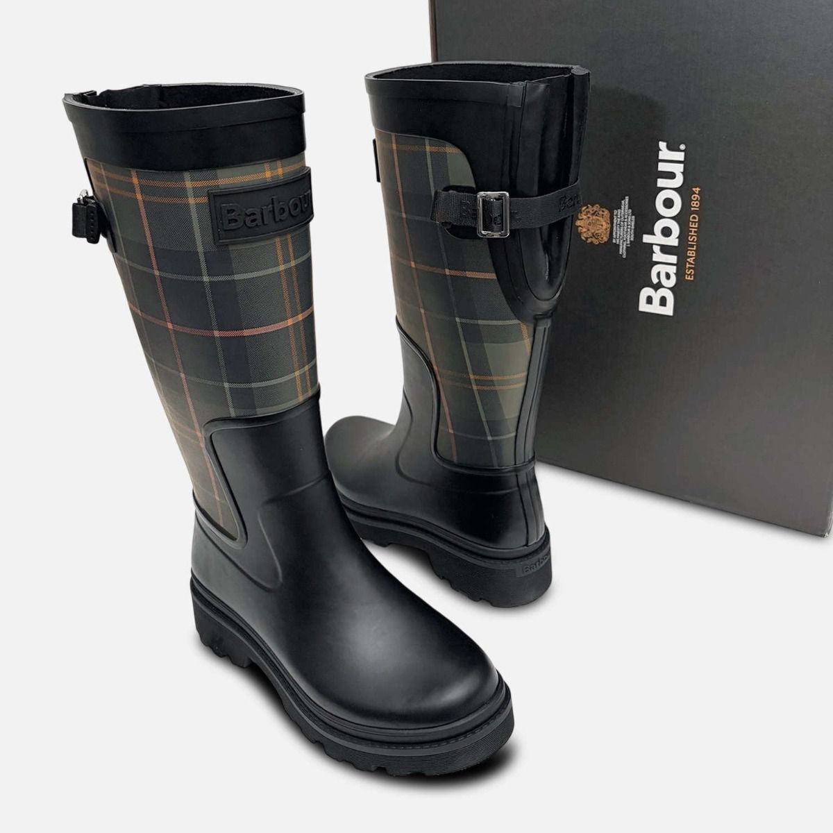 Barbour Dena II Designer Wellington Boots in Black Tartan