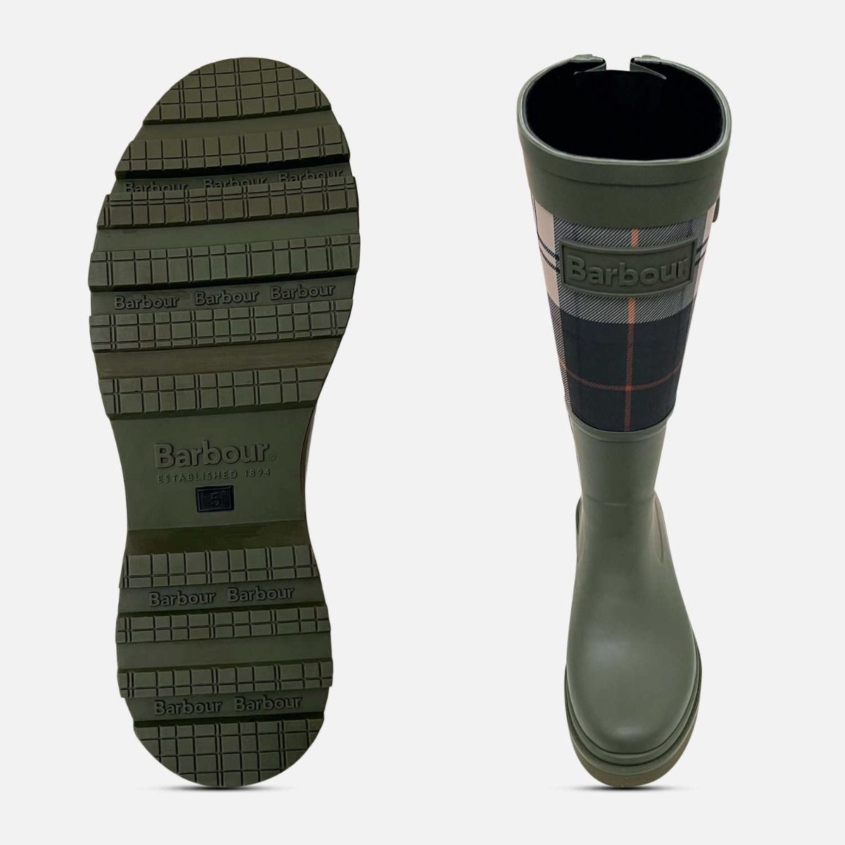 Barbour Olive Green Waterproof Platform Dena II Tartan Welly