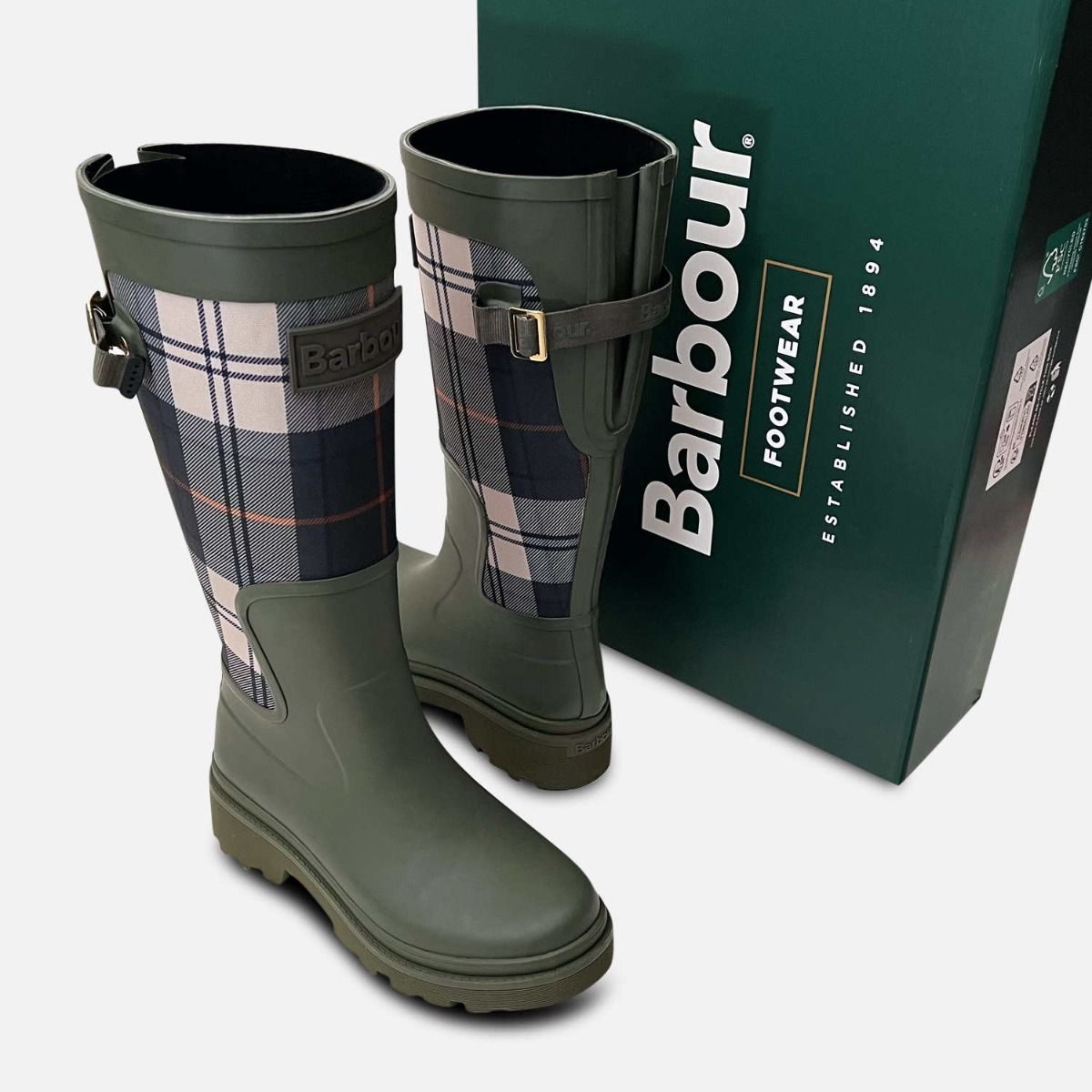 Barbour Olive Green Waterproof Platform Dena II Tartan Welly