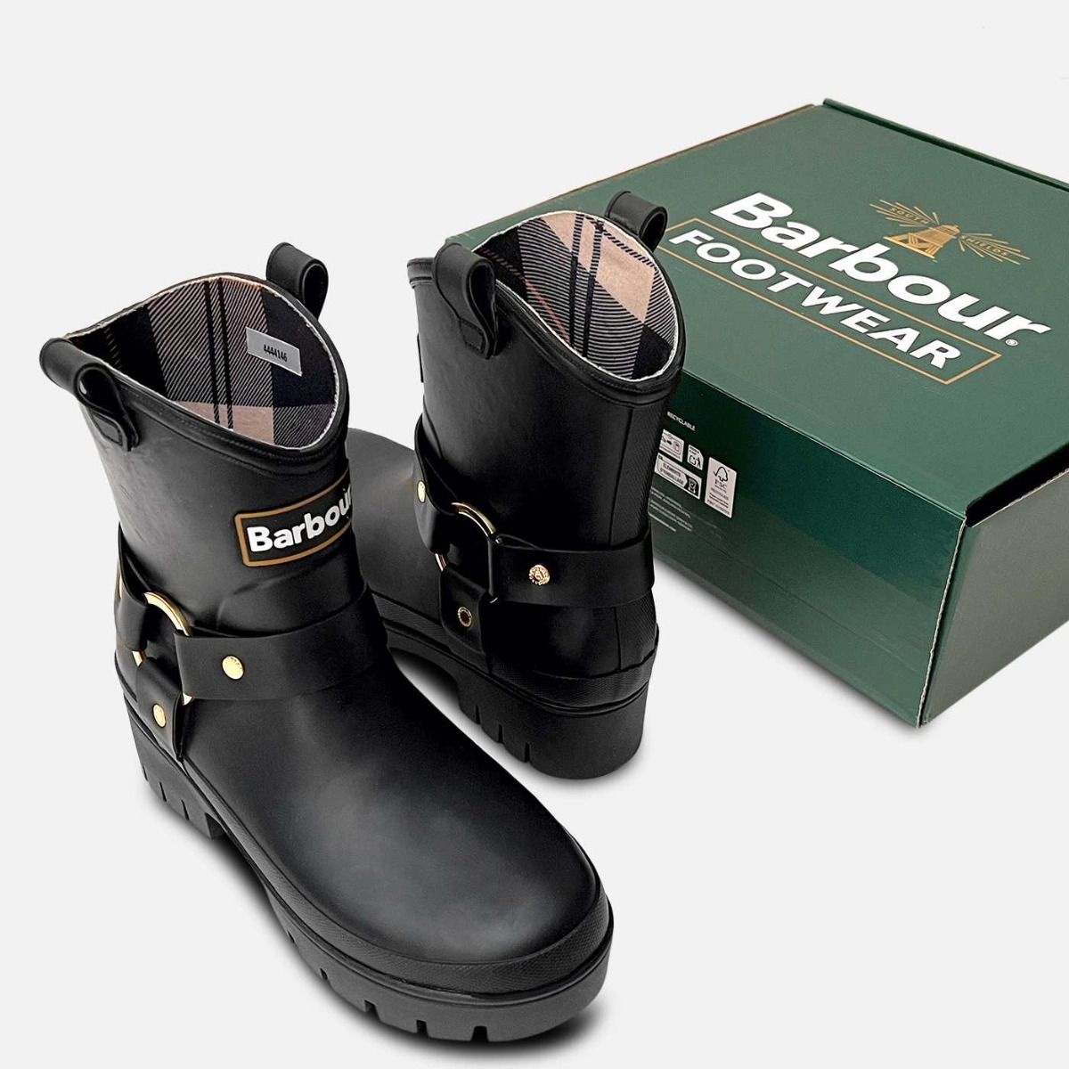 Barbour Gold Harness Black Rubber Platform Welly Boots