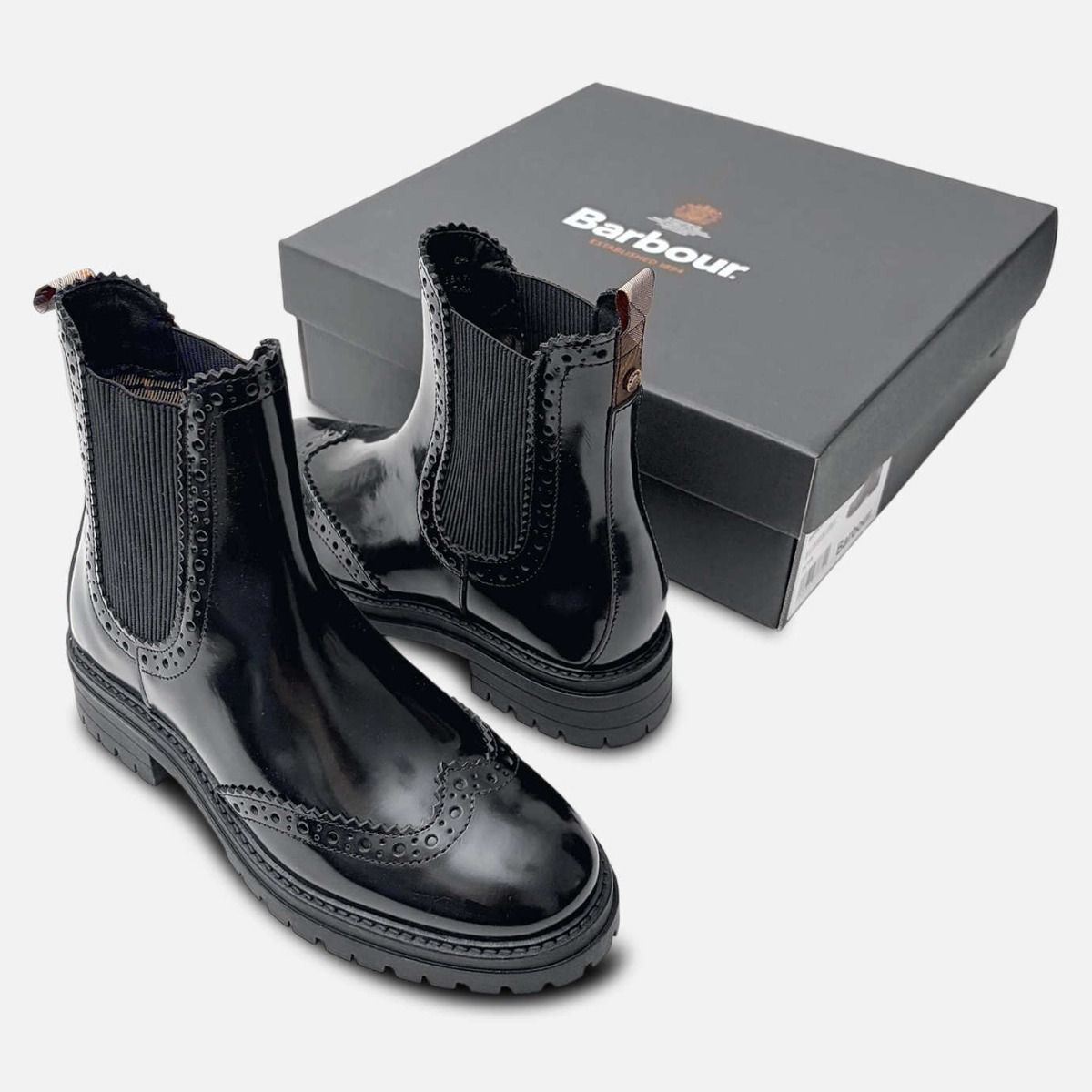 Barbour Black Polished Womens Designer Chelsea Boot Brogues