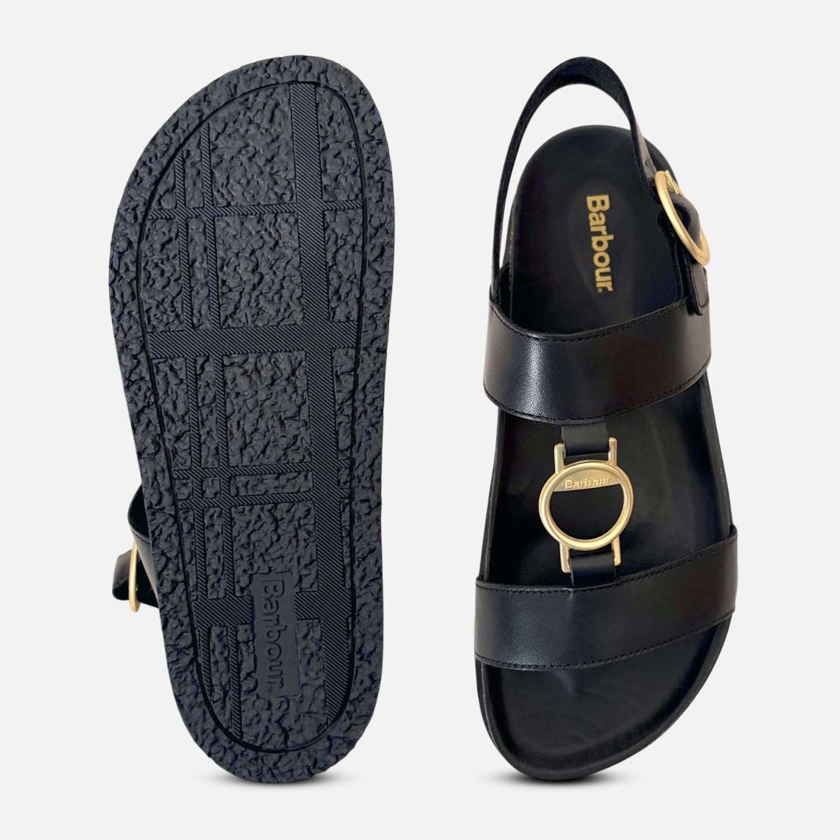 Barbour Black T Bar Designer Ladies Sandals with Gold Buckle