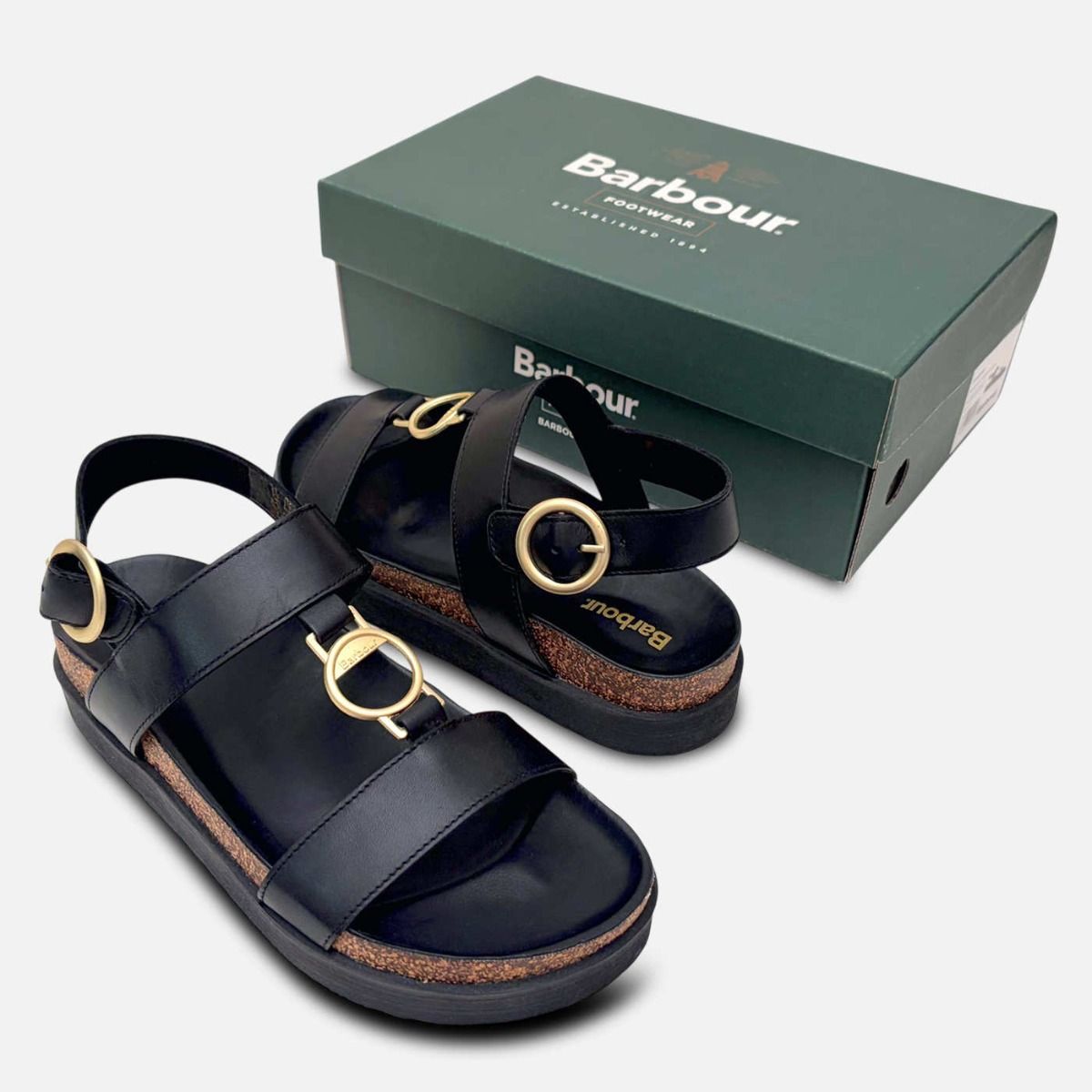 Barbour Black T Bar Designer Ladies Sandals with Gold Buckle