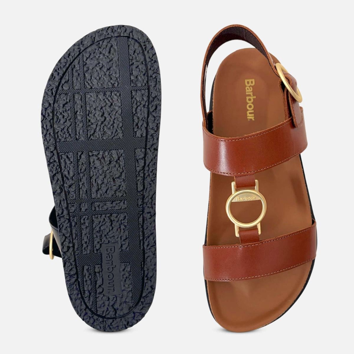 Barbour Brown T Bar Designer Ladies Sandals with Gold Buckle