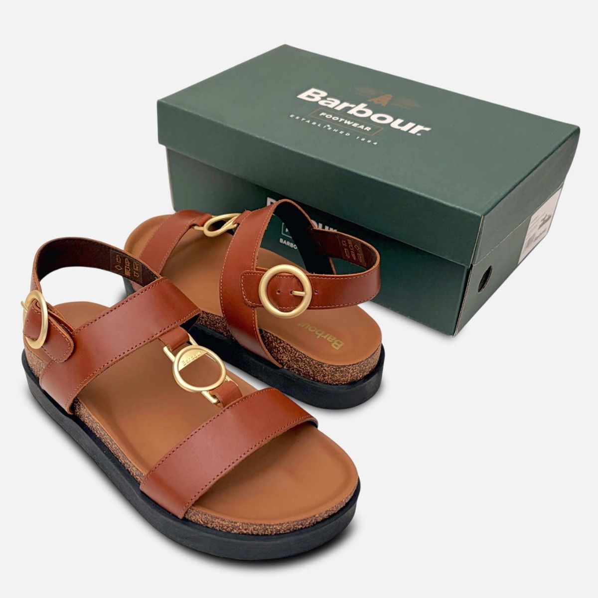 Barbour Brown T Bar Designer Ladies Sandals with Gold Buckle
