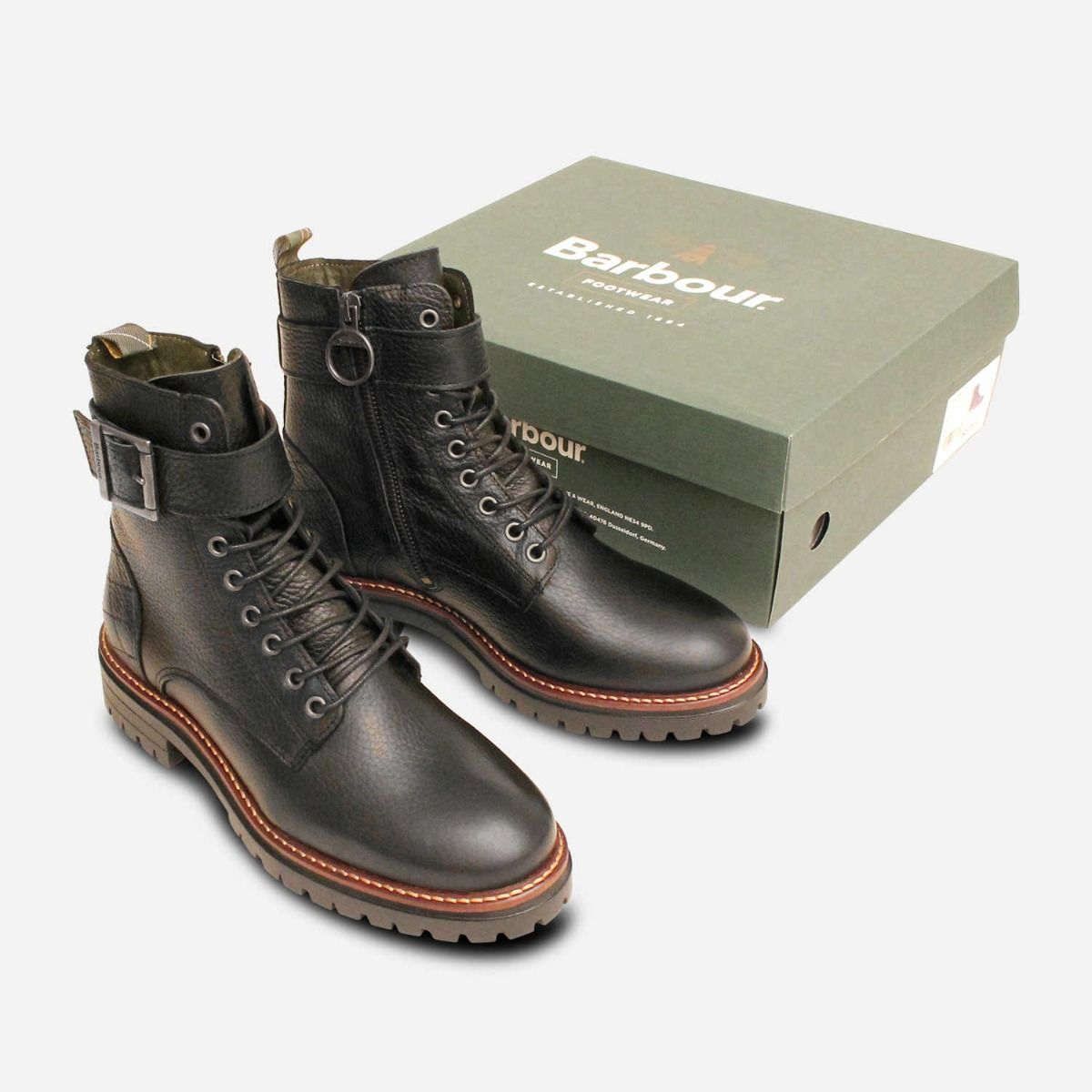 Barbour Designer Black Buckle Lace Up Ankle Boots