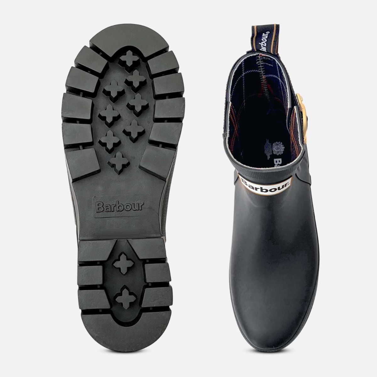 Barbour Black Platform Chelsea Boot Welly with Gold Buckle