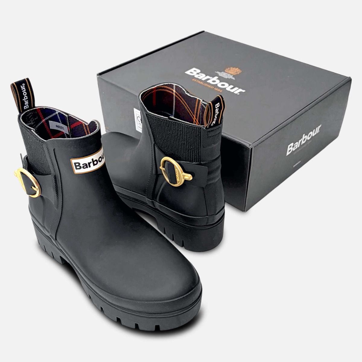 Barbour Black Platform Chelsea Boot Welly with Gold Buckle