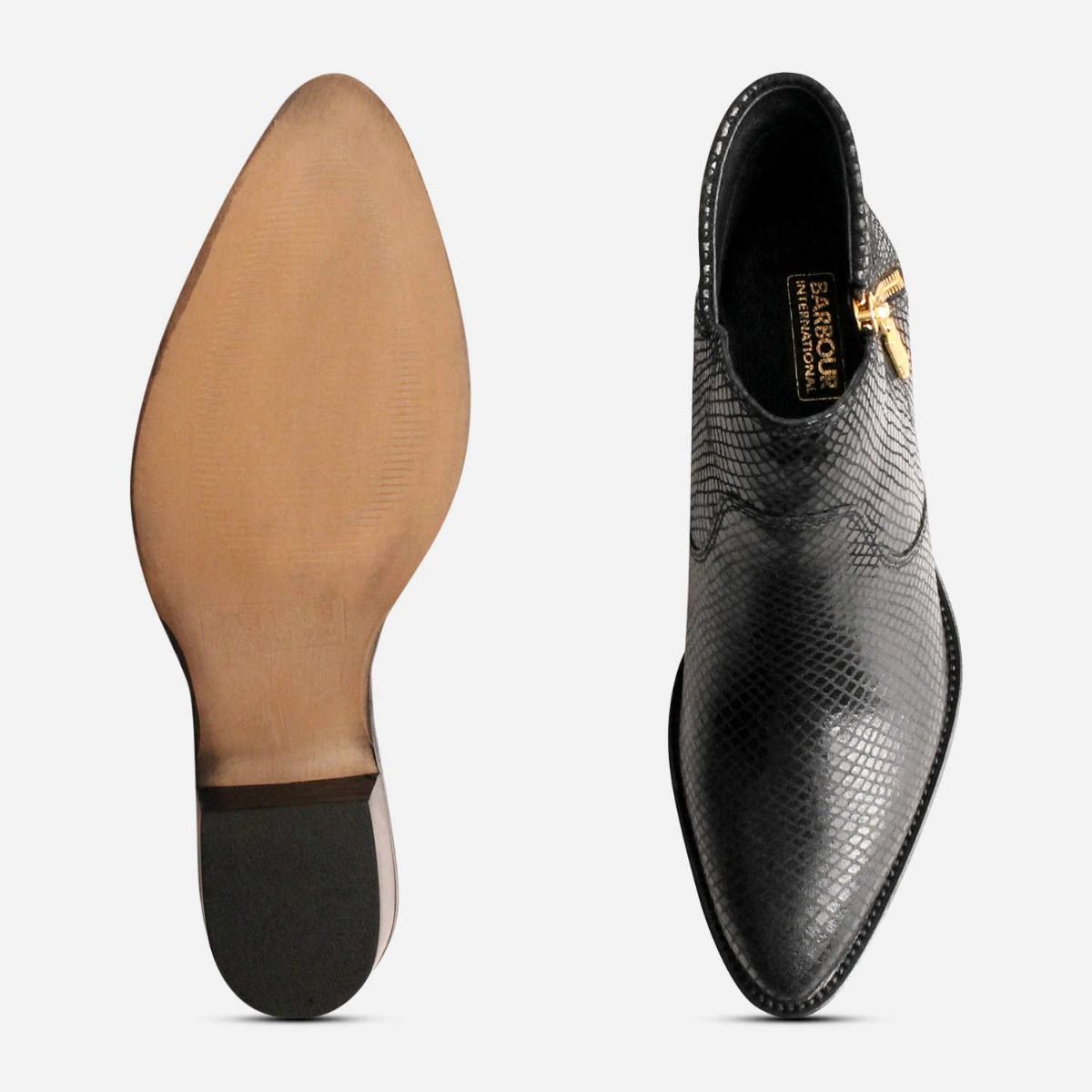 Barbour International Black Snakeskin Heeled Zip Boots