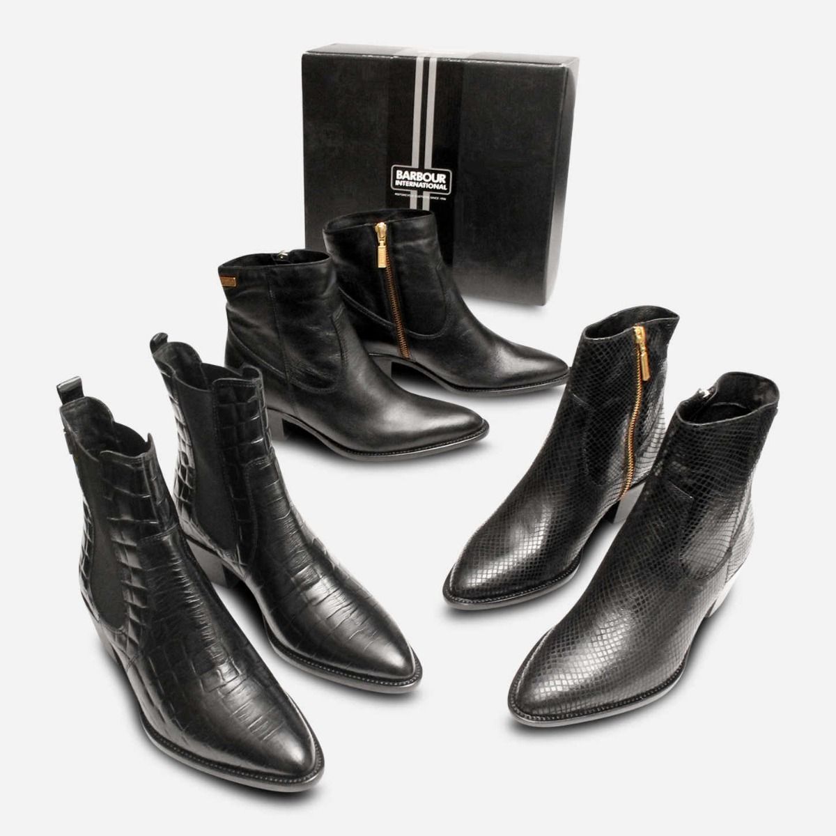 Barbour Premium Black Snake Gold Zip Boot with Heel