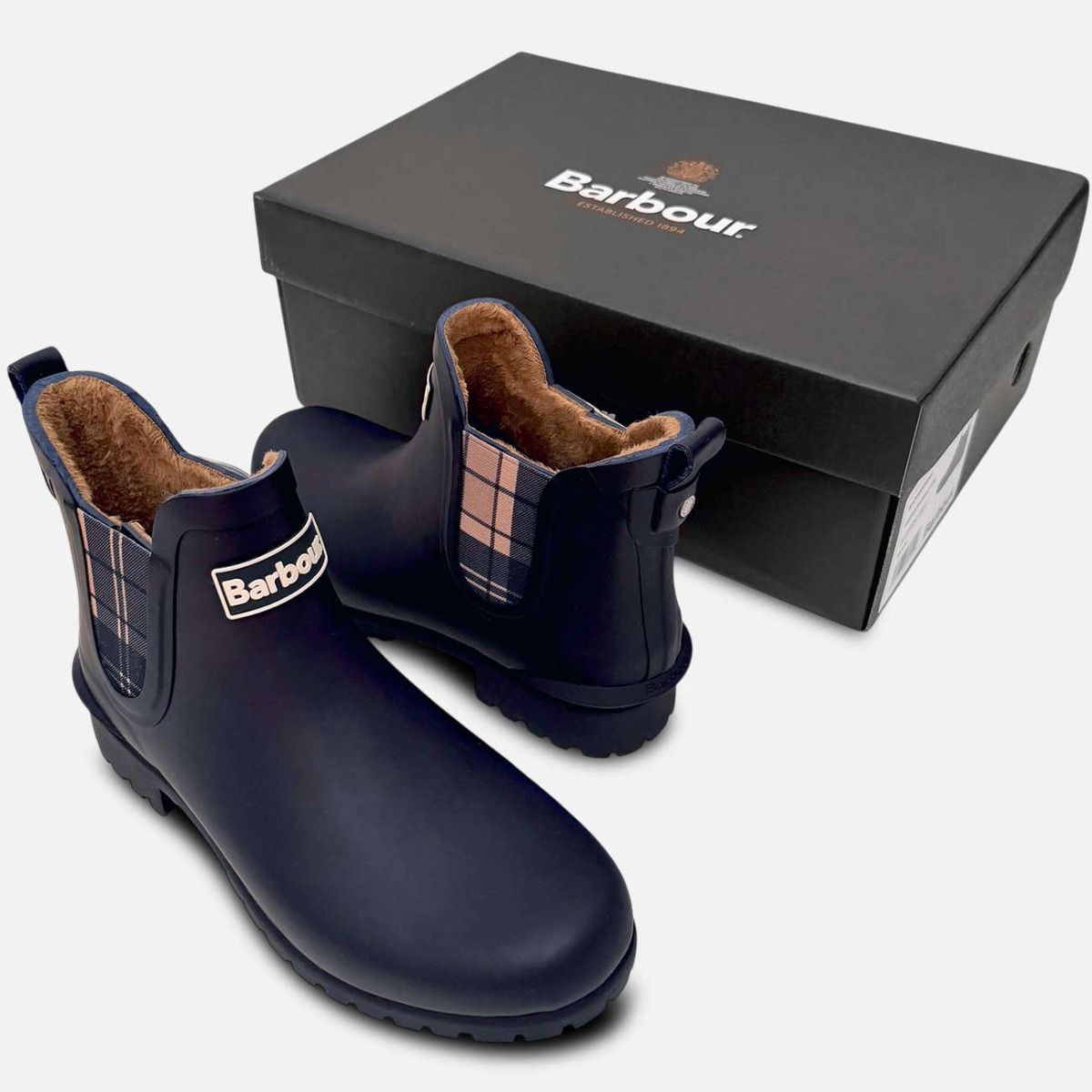 Barbour Warm Lined Navy Tartan Chelsea Boot Welly