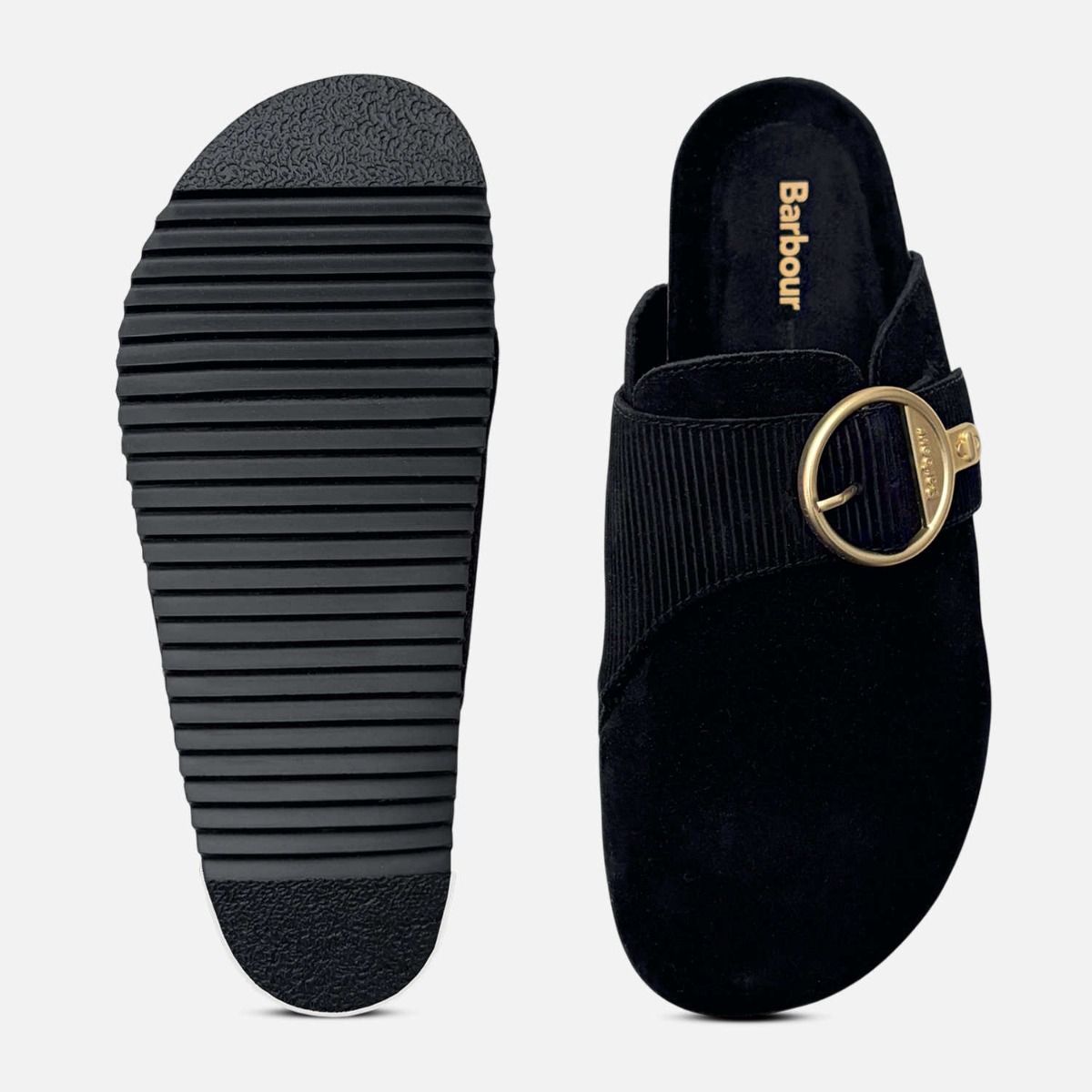 Barbour Black Suede Slip On Mule Sandal with Gold Buckle