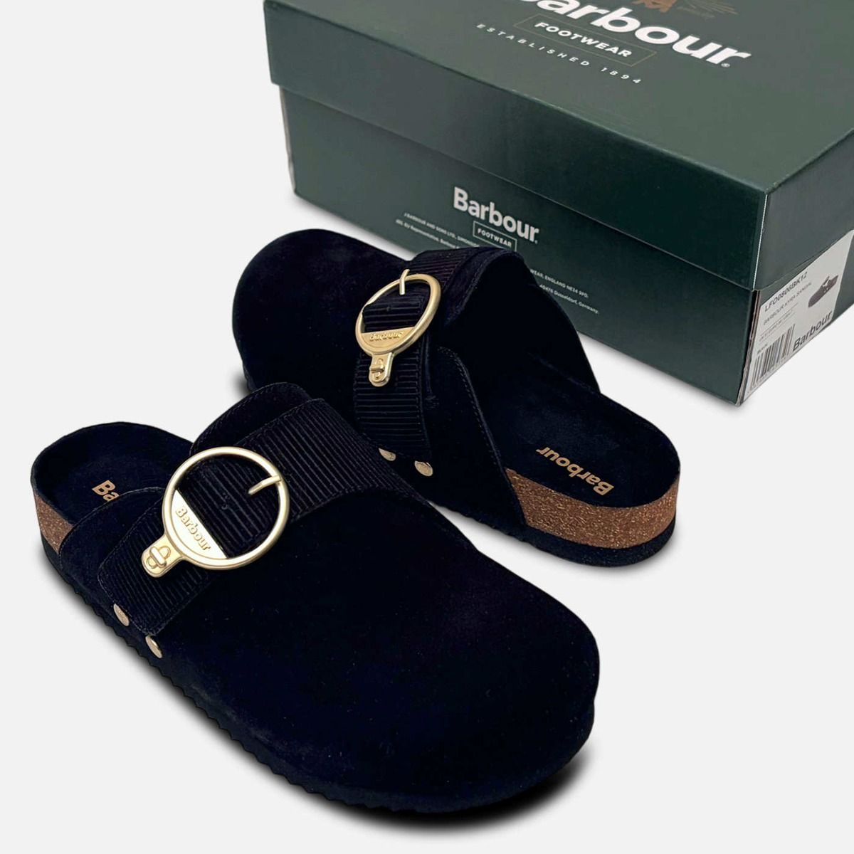 Barbour Black Suede Slip On Mule Sandals with Gold Buckle