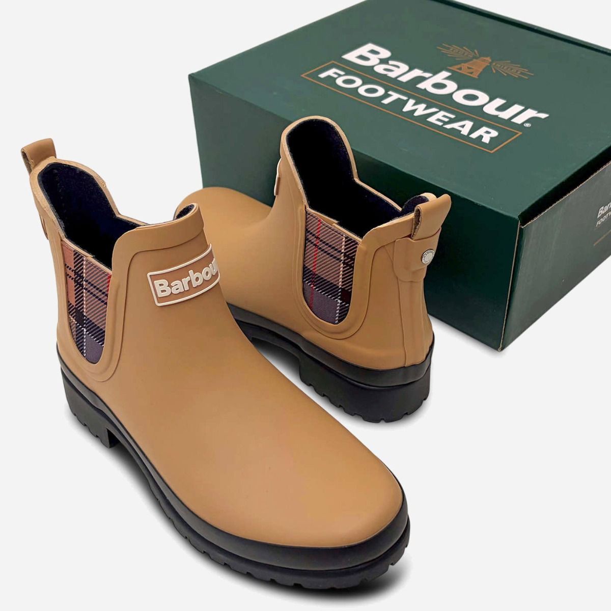 Barbour Waterproof Chelsea Boot Welly in Beige Tartan