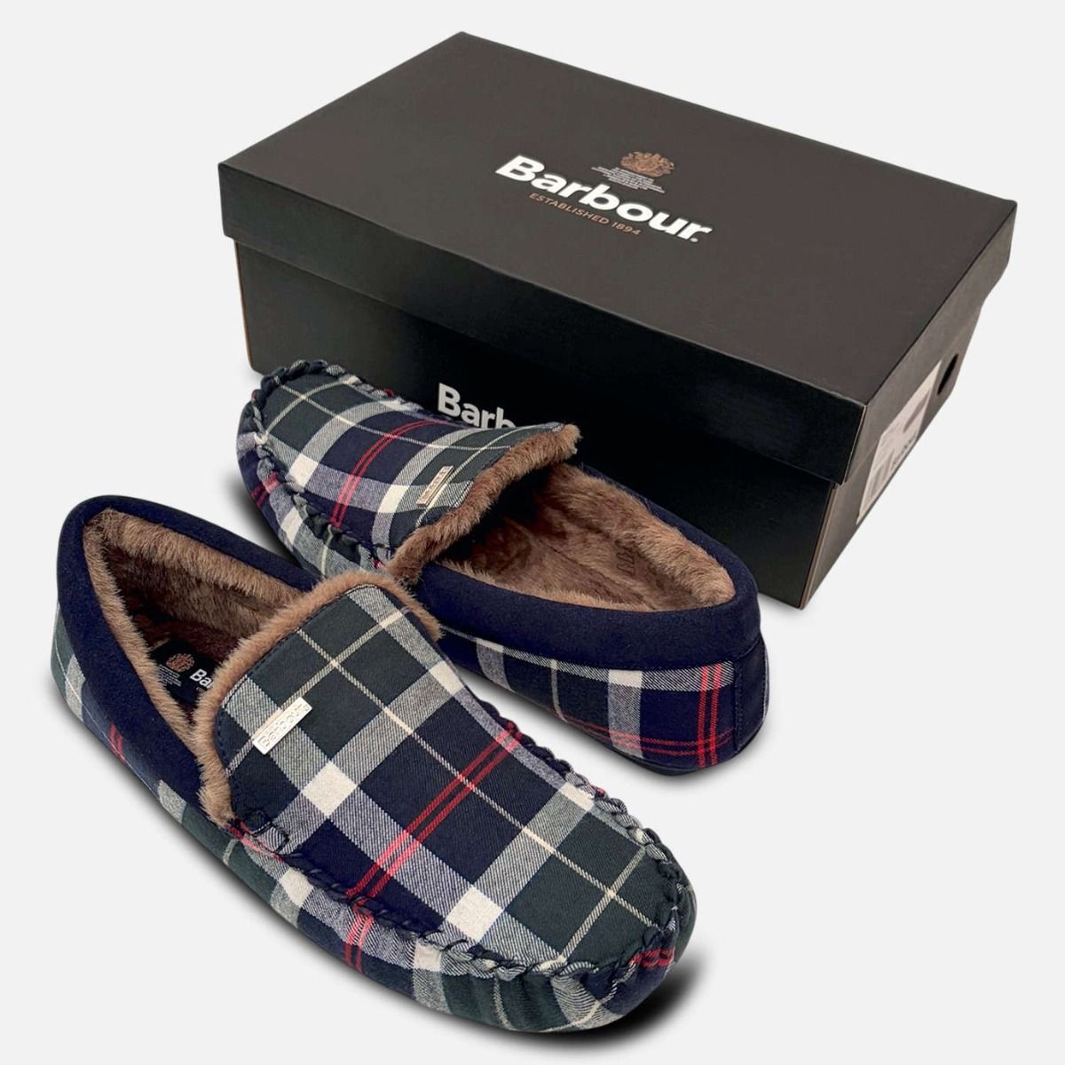 Barbour Navy and Green Tartan Warm Lined Indoor Slippers