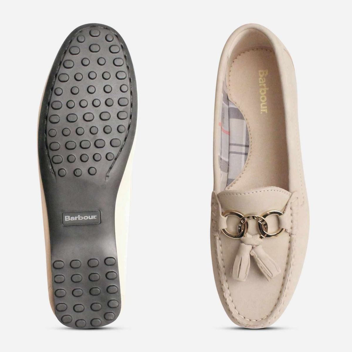 Barbour Light Cream Nubuck Tassel Loafer with Gold Trim