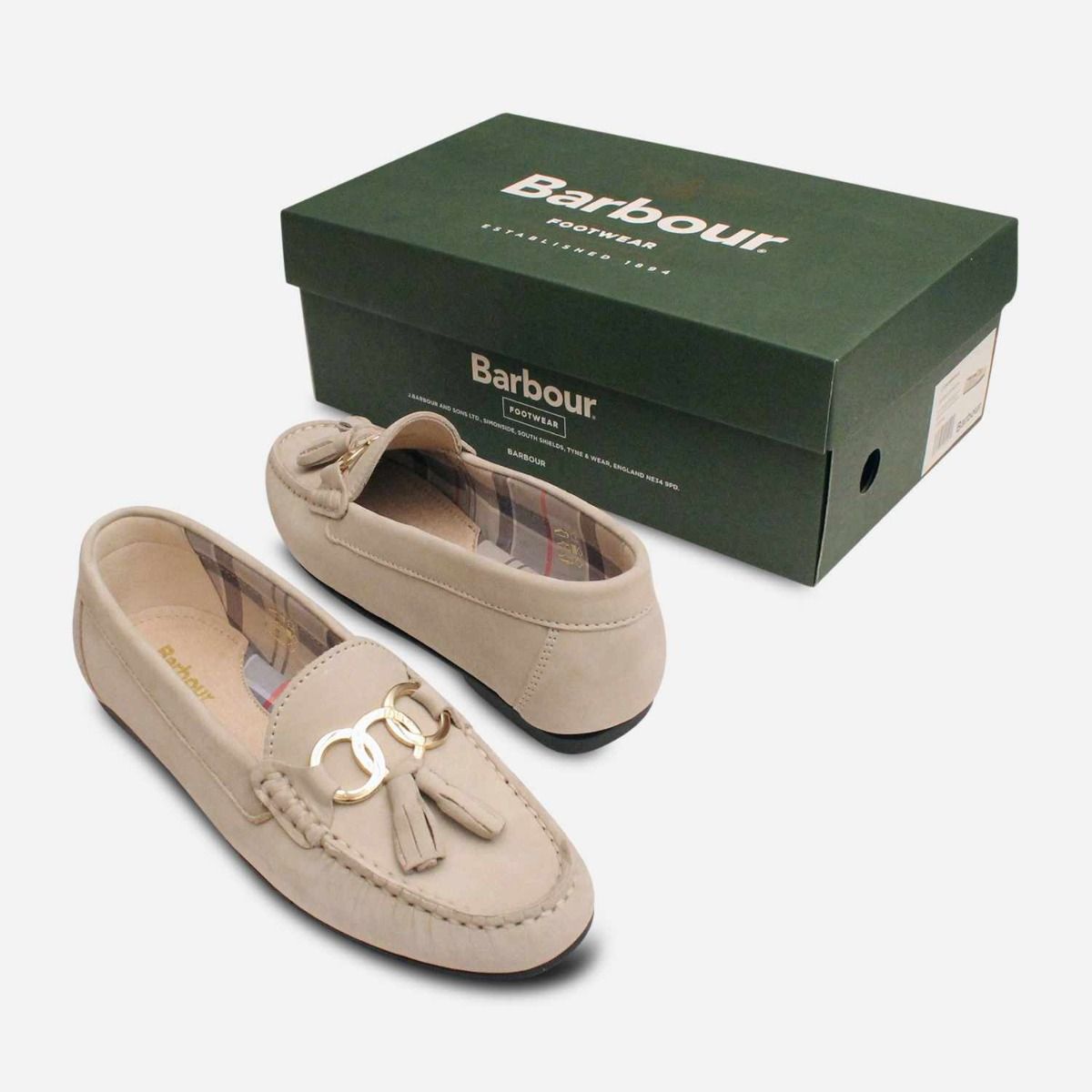 Barbour Light Cream Nubuck Tassel Loafer with Gold Trim