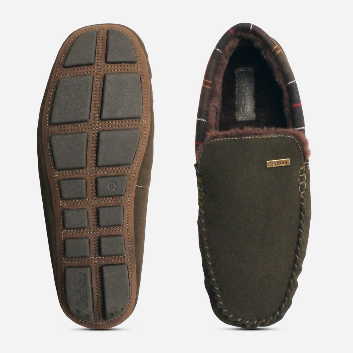 Mens Olive Green Barbour Indoor Luxury Fur Slippers