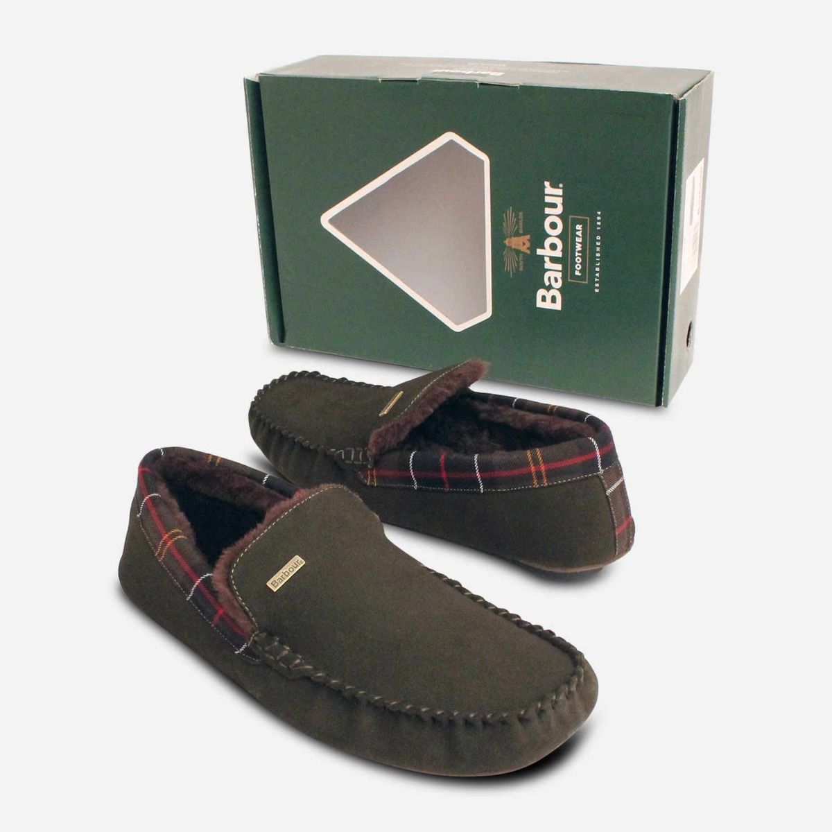 Mens Olive Green Barbour Indoor Luxury Fur Slippers