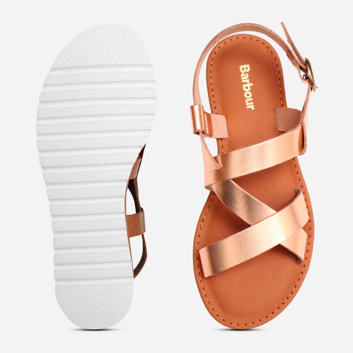Barbour Sandside Flat Strap Sandals in Rose Metallic Gold