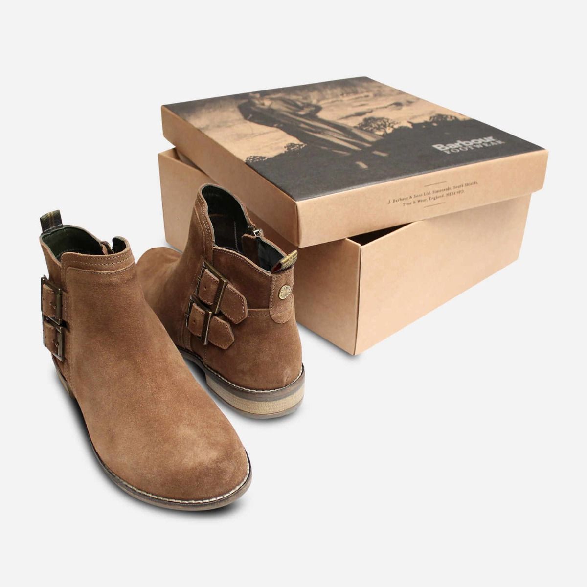 Barbour Sarah Caramel Suede Womens Buckle Boots