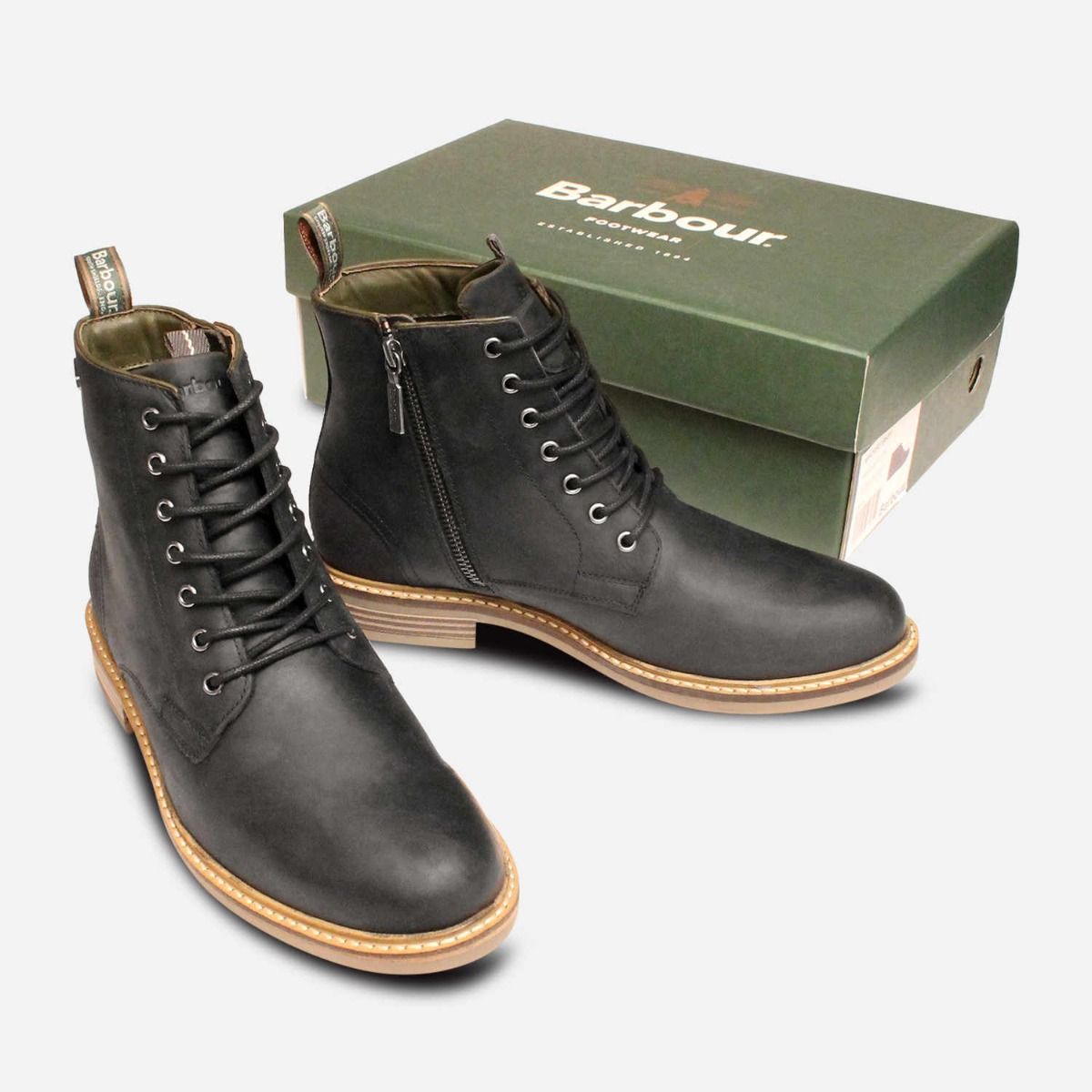 Barbour Round Toe Black Waxy Seaham Lace & Zip Boots