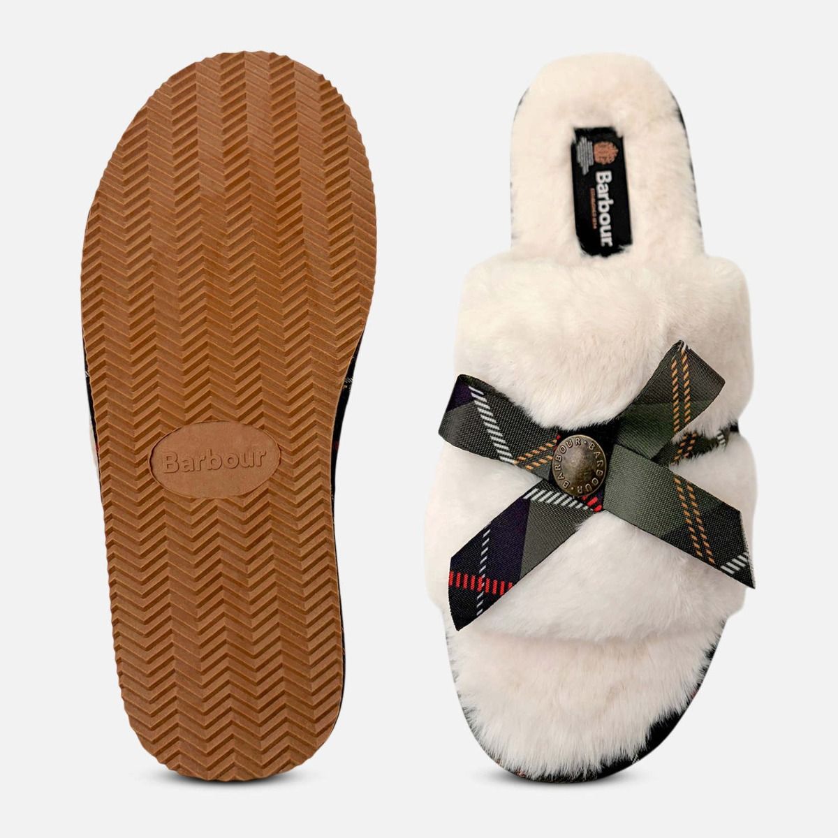 Barbour White Warm Fur Lined Slider Slippers in Green Tartan