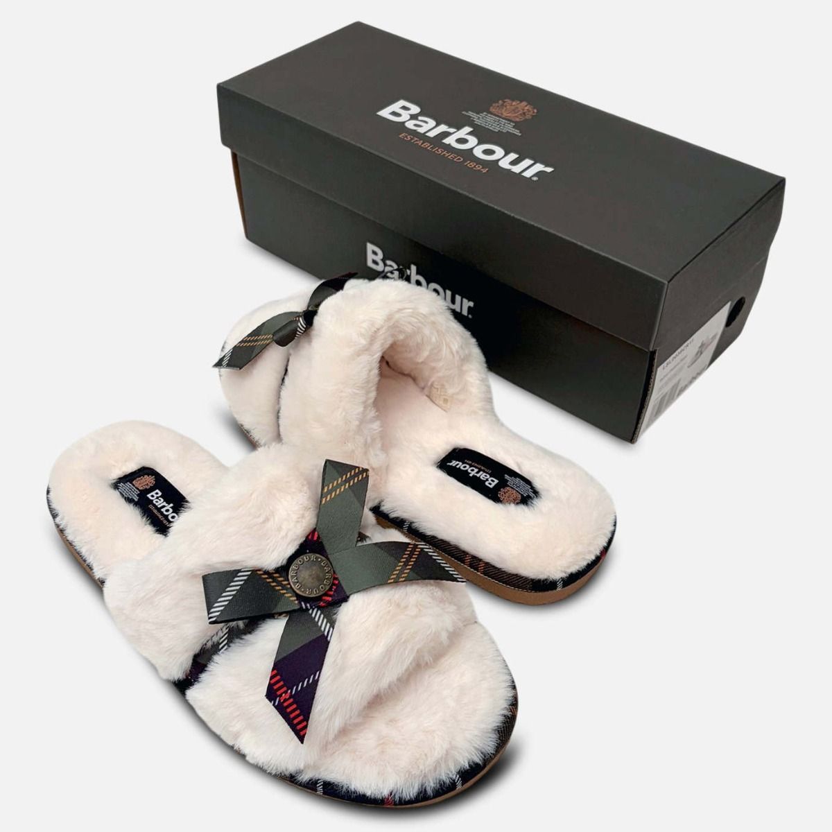 Barbour White Warm Fur Lined Slider Slippers in Green Tartan