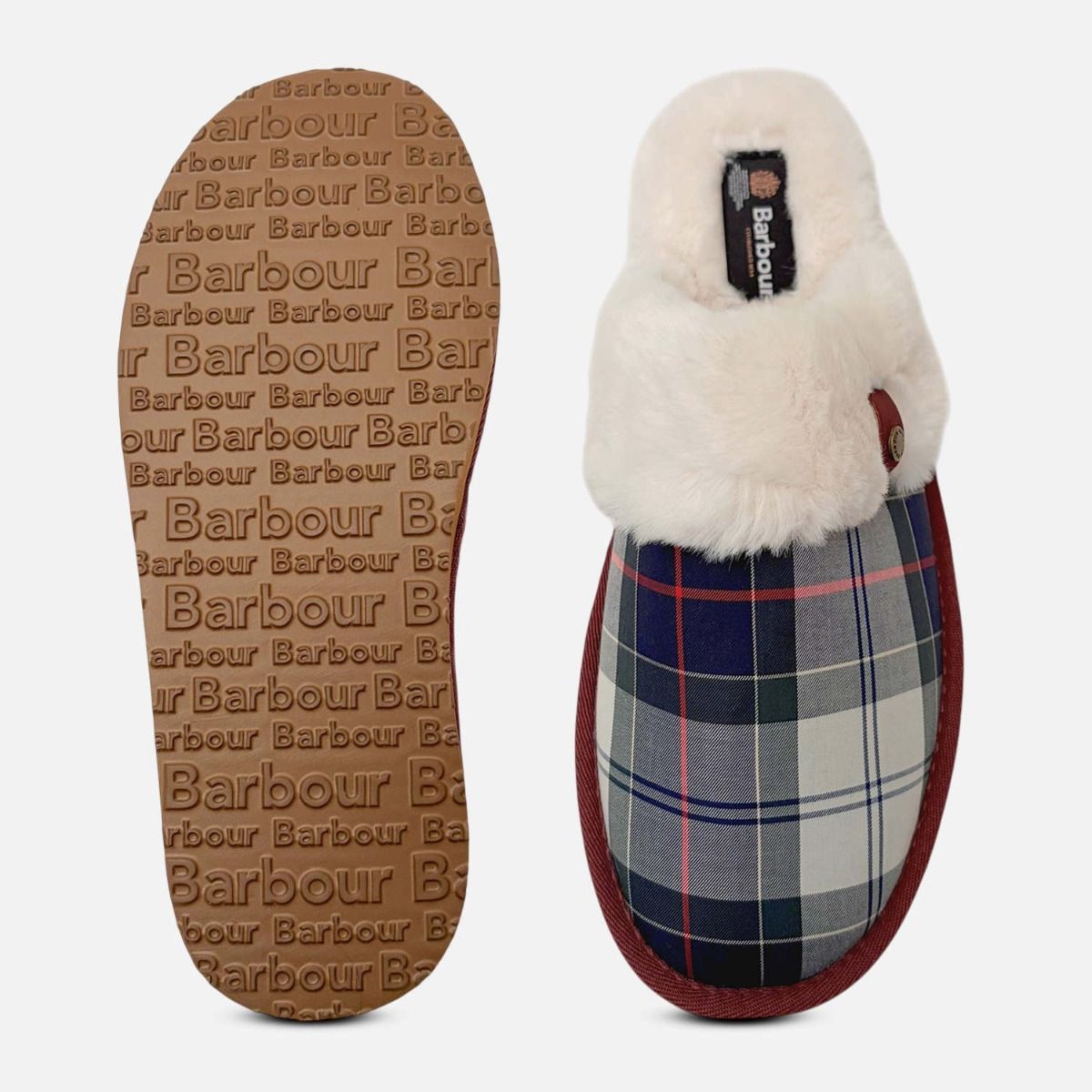 Barbour Womens Warm Fur Lined Tartan Mule Slippers