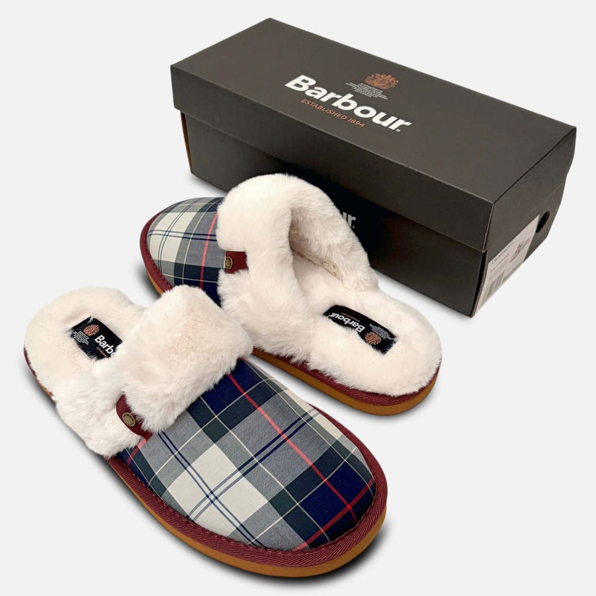 Barbour Womens Warm Fur Lined Tartan Mule Slippers