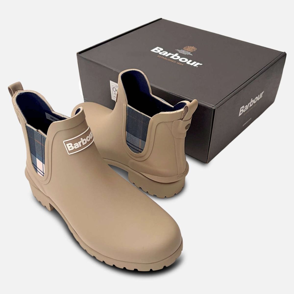 Barbour Ladies Designer Chelsea Boot Welly in Beige Tartan