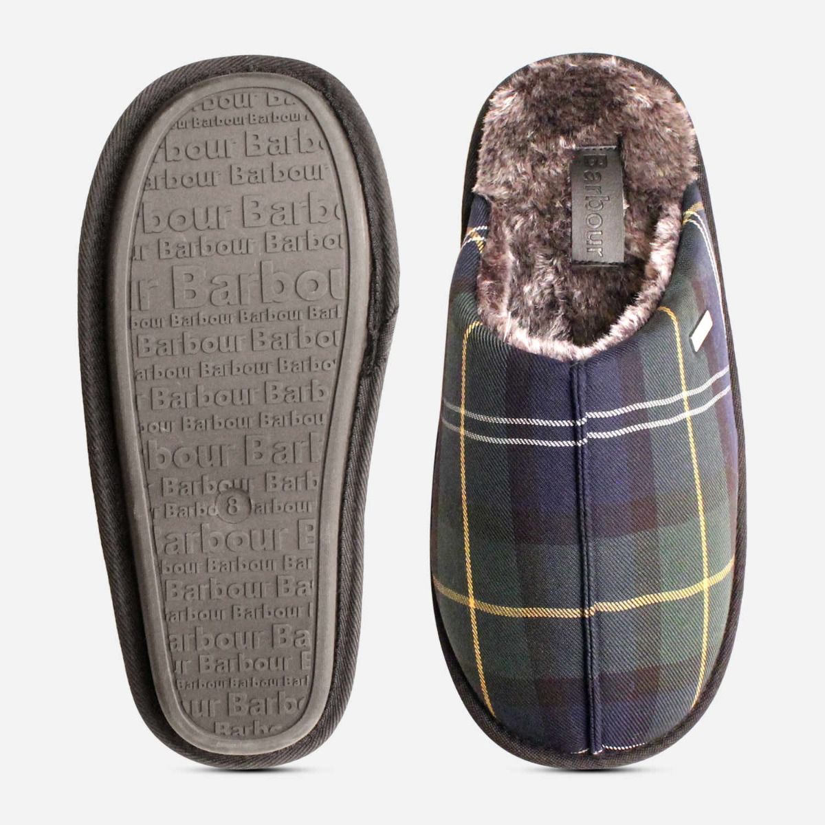 Barbour Mens Young Slippers in Green Tartan with Fur Lining