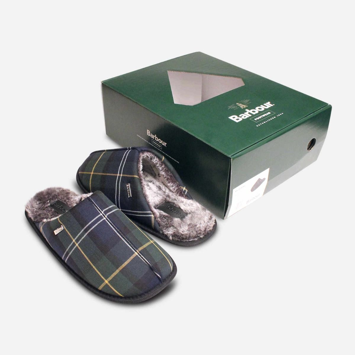 Barbour Mens Young Slippers in Green Tartan with Fur Lining
