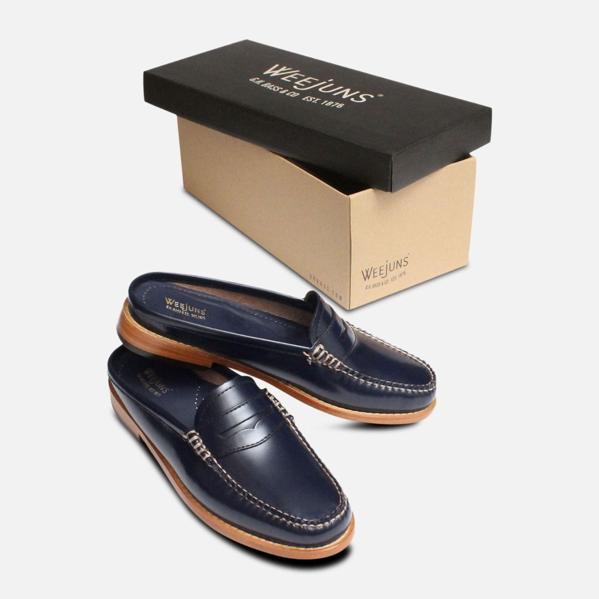 Ladies Bass Penny Slides in Navy Blue Leather