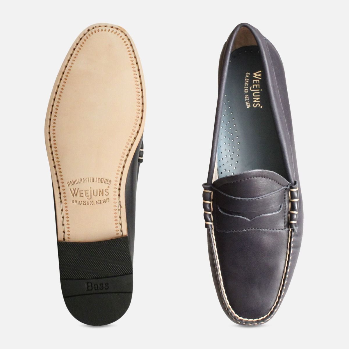 Navy Blue Bass Weejun Mens Loafers Leather Sole