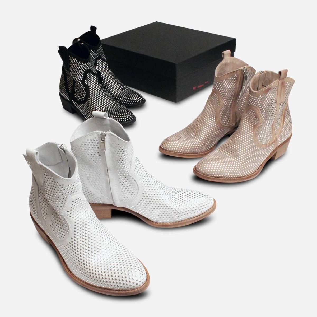 Italian Beige Suede Silver Studded Cuban Heel Boots