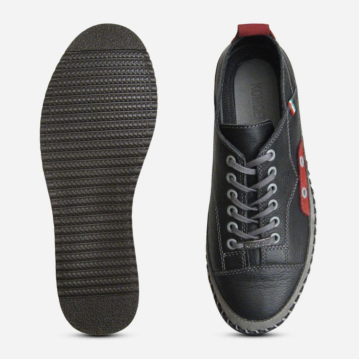 Black & Grey Leather Lace Up Whipstitch Sneakers