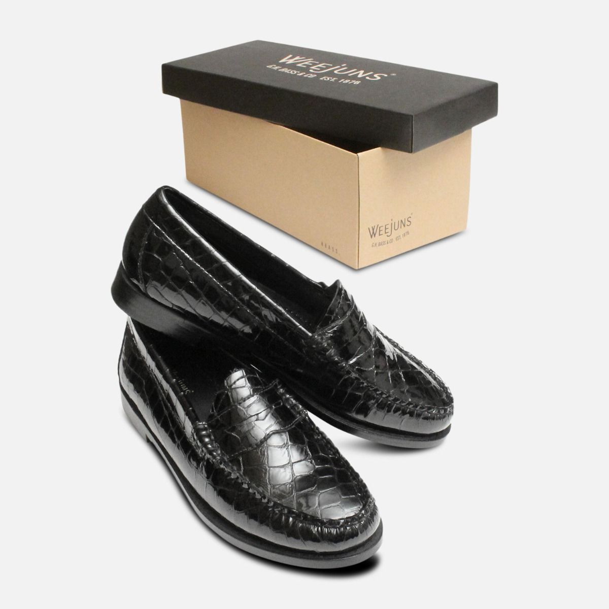 Black Patent Crocodile Printed Ladies Bass Loafers