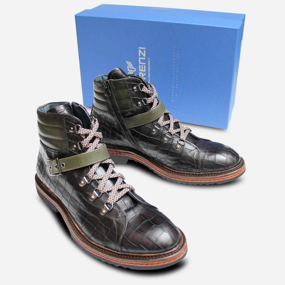 Luxury Black & Khaki Crocodile Print Urban Trekking Boots