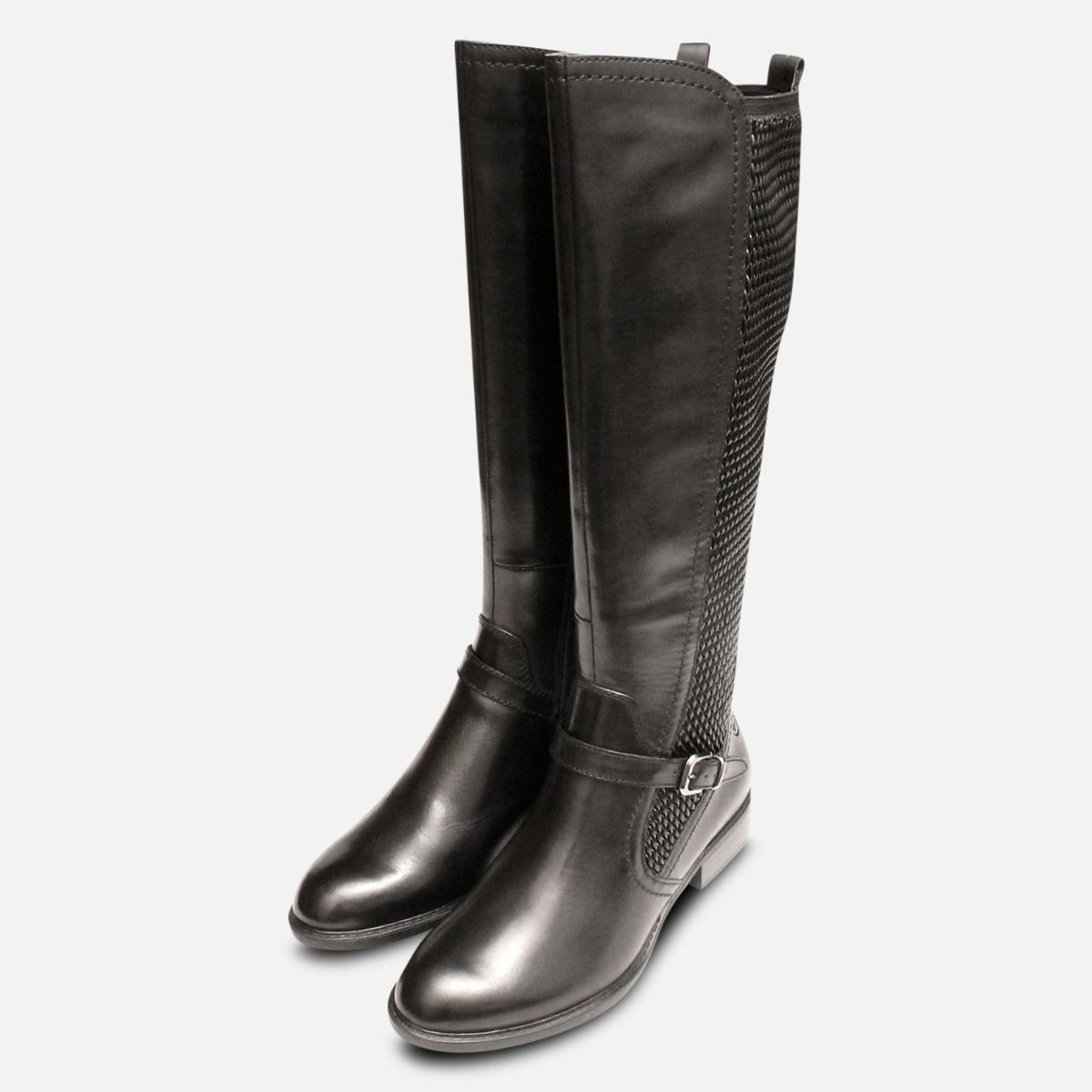 Designer Round Toe Tamaris Black Leather Knee High Boot