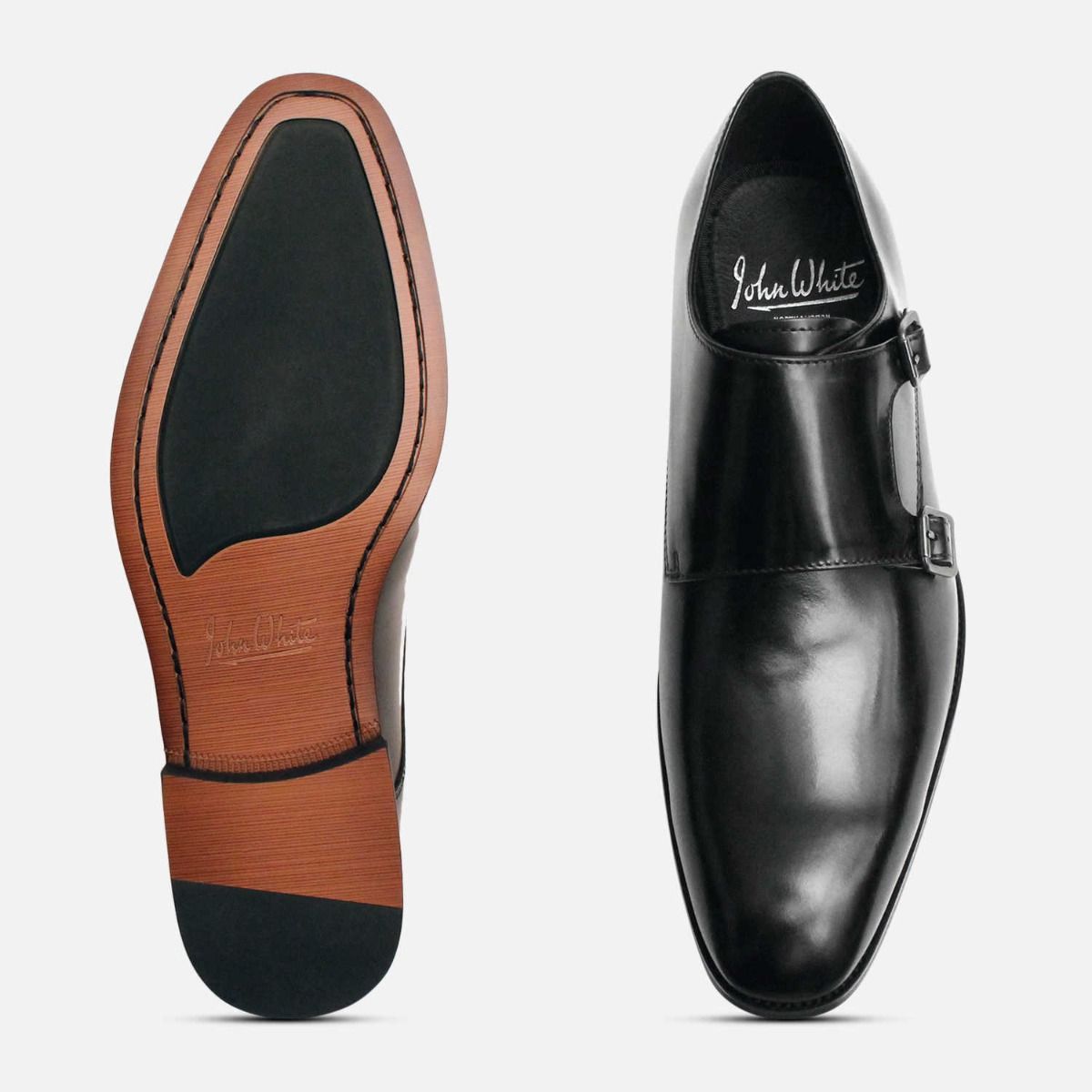 John White Double Buckle Monkstrap Shoes Black Leather