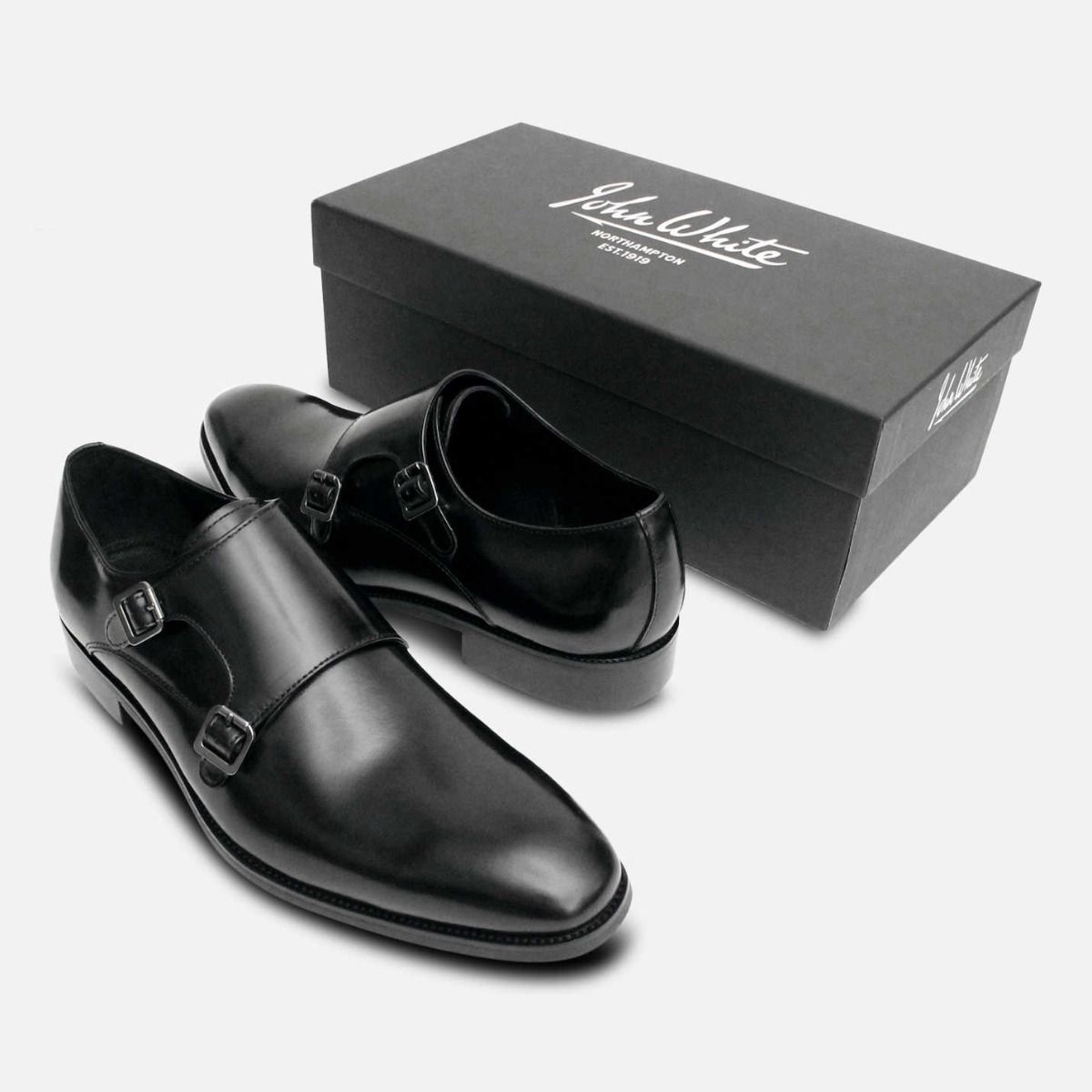 John White Double Buckle Monkstrap Shoes Black Leather