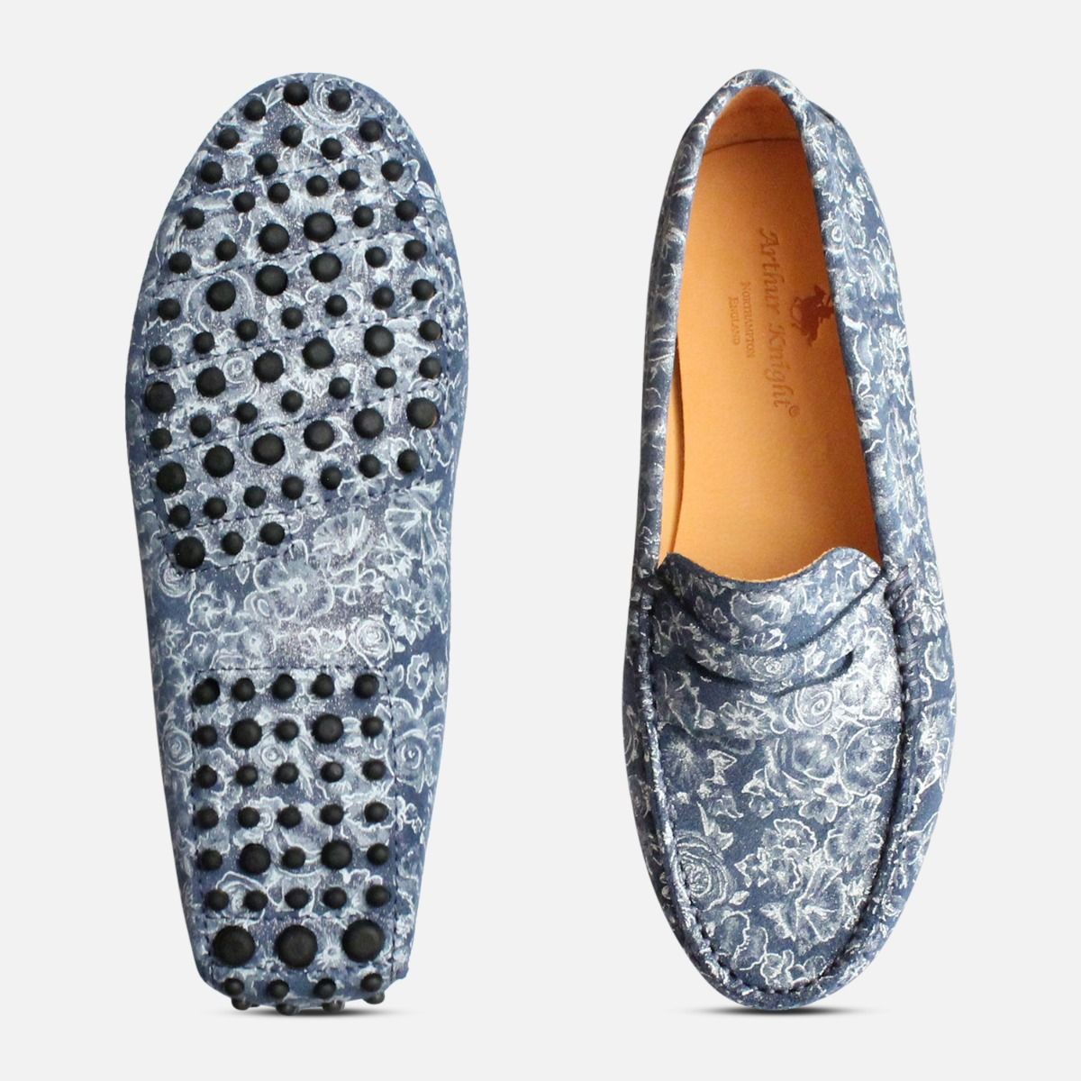 Navy Blue & Silver Flower Womens Leather Driving Shoes